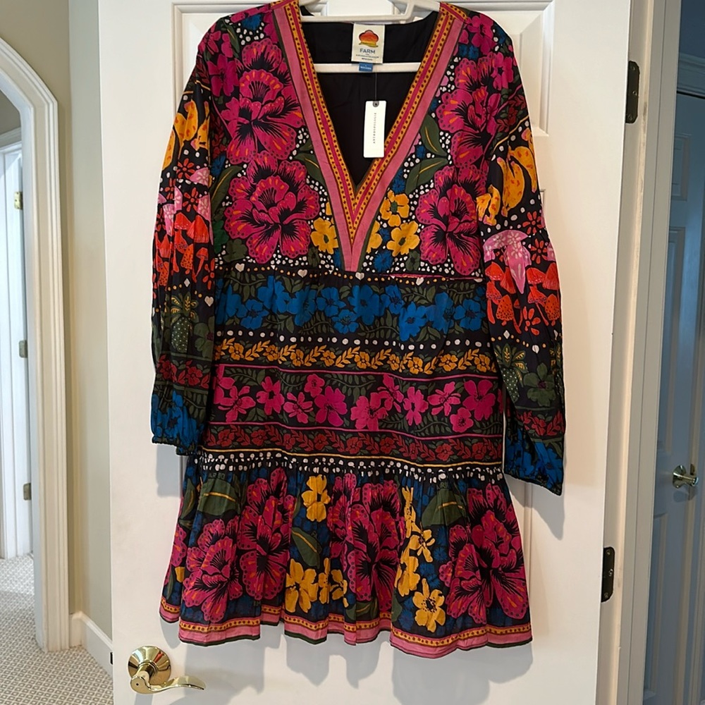 Farm Rio long sleeve v neck mini dress